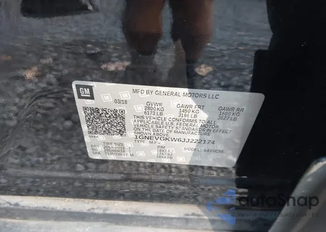 2018 Chevrolet Traverse 1Lt из США, поврежденный, VIN 1GNEVGKW6JJ222174